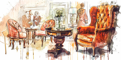 A collection of antique furniture, including a tufted armchair and a round side table, surrounded by laughing guests.