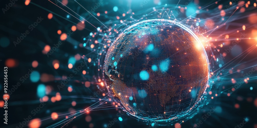 Aufkleber abstract globe with network connections and bokeh lights - futuristic technology background.
