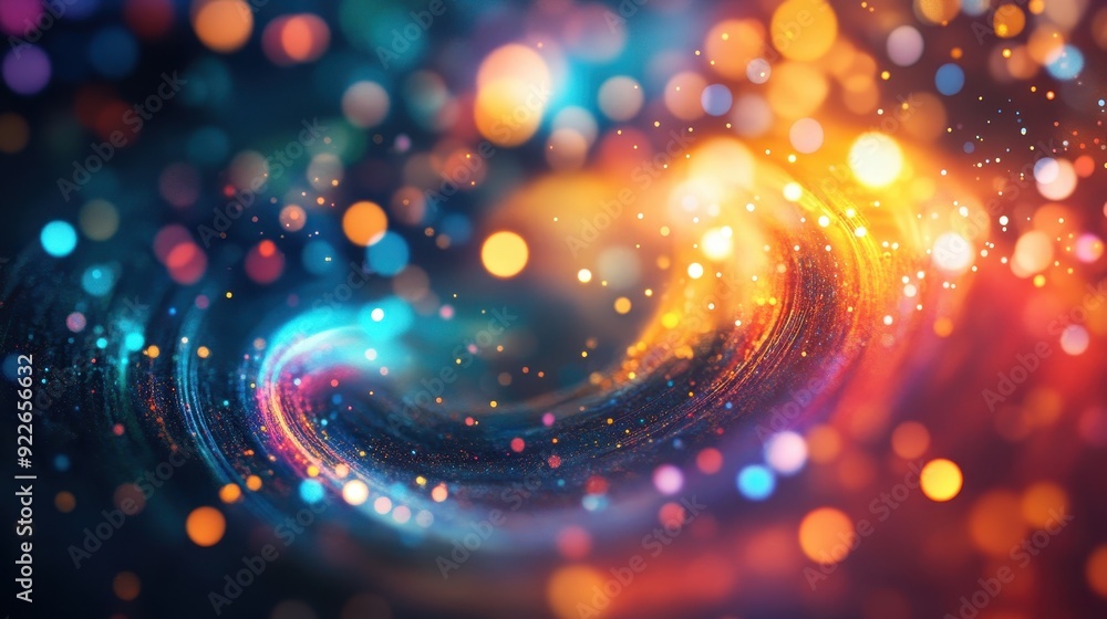 Poster abstract colorful bokeh background with swirling lights and sparkle.