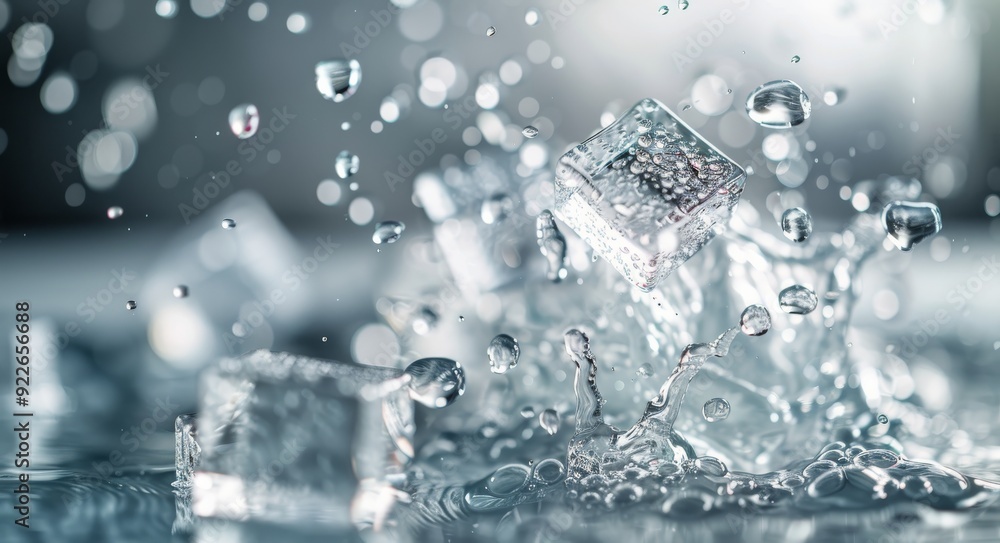 Poster ice cubes splashing in water in a bright and reflective setting