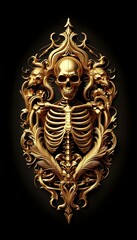 A gold metal upper body human skeleton in a floral frame , on a black background 