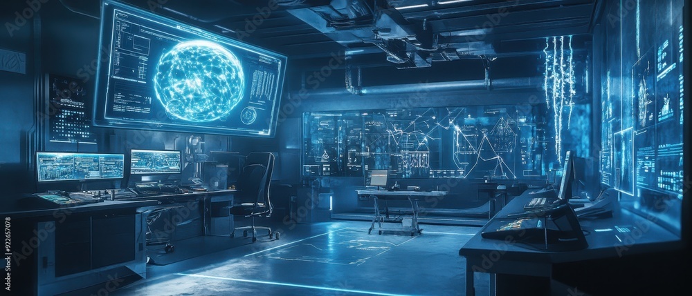 Poster futuristic cyber security control room interior with monitors showing data and network connections.