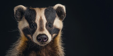 Photo of a badger isolated against a black background, emphasising the badger's majestic features. Wildlife and conservation concept, space for copy.