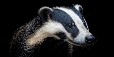 Photo of a badger isolated against a black background, emphasising the badger's majestic features. Wildlife and conservation concept, space for copy.