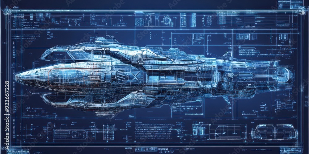 Poster futuristic spaceship blueprint design 3d render