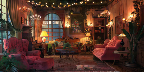 Naklejka premium A vintage room, filled with antique furniture and twinkling string lights, hosting a group of friends dressed in vintage clothing.