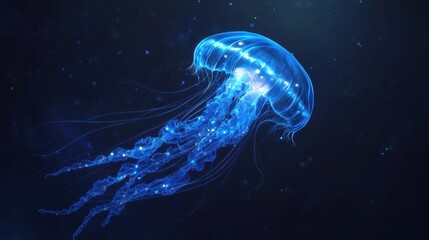 Naklejka premium Bioluminescent Jellyfish Swimming in Dark Blue Water - Underwater Photography.