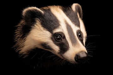 Photo of a badger isolated against a black background, emphasising the badger's majestic features. Wildlife and conservation concept, space for copy.