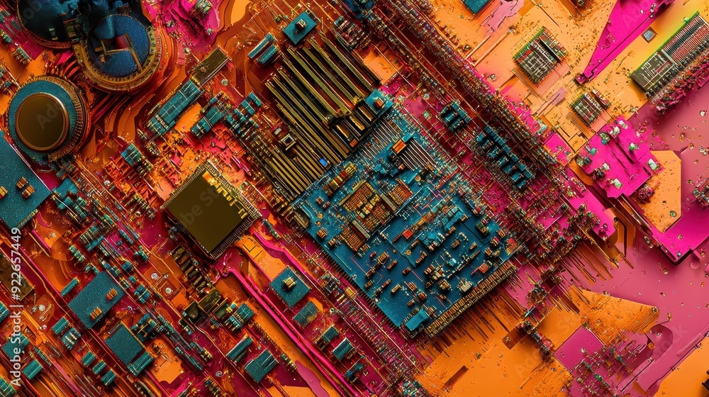 Poster abstract circuit board pattern with vibrant colors and textures.