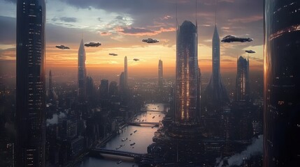 Naklejka premium Futuristic Cityscape with Flying Cars at Sunset.