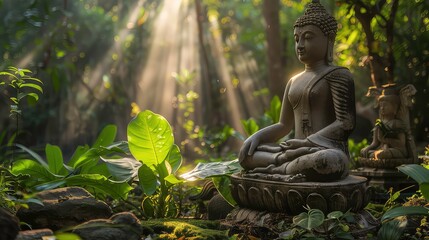 A serene Buddha statue sits in a lush jungle setting, bathed in sunlight streaming through the leaves, creating a peaceful and spiritual ambiance.