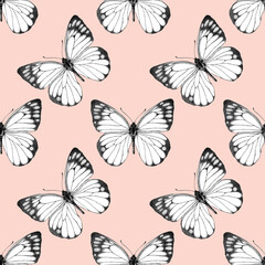 Seamless pattern of realistic butterfly. Hand drawn illustration. Animal motif. Black and white. Painted butterflies elements on pink background. For fabric, wrapping paper, textile, design, banner