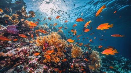 Vibrant Underwater Scene with Orange Fish Swimming Through Coral Reef