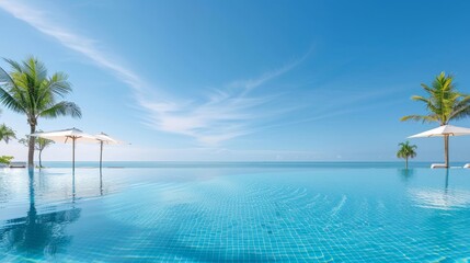 Fototapeta premium A beautiful blue pool with palm trees in the background