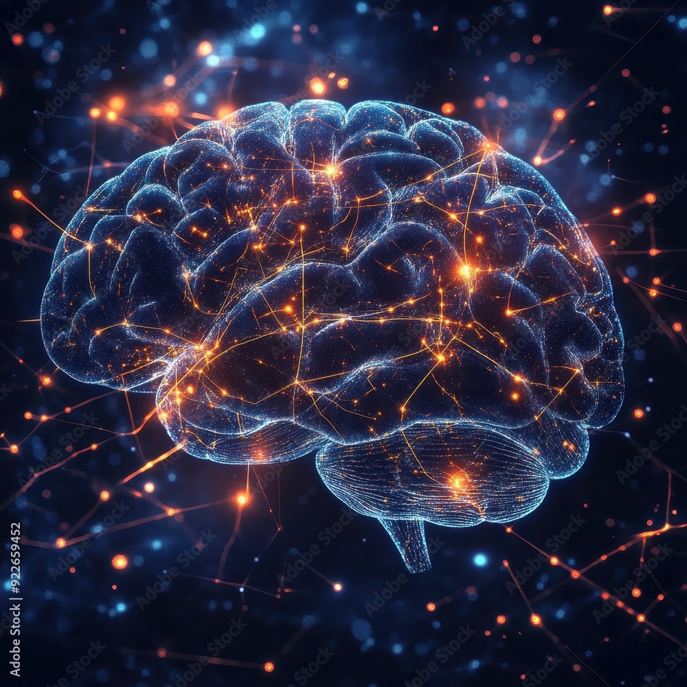 Poster 3d digital rendering of a human brain with glowing neural pathways and connections.