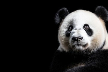 Fototapeta premium Photo of a panda isolated against a black background, emphasising the panda's majestic features. Wildlife and conservation concept, space for copy.