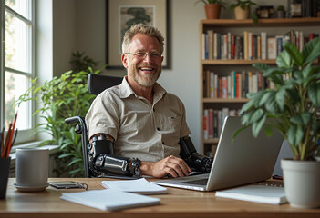 A man in a wheelchair with prosthetic arms works on a laptop computer at a table - Powered by Adobe