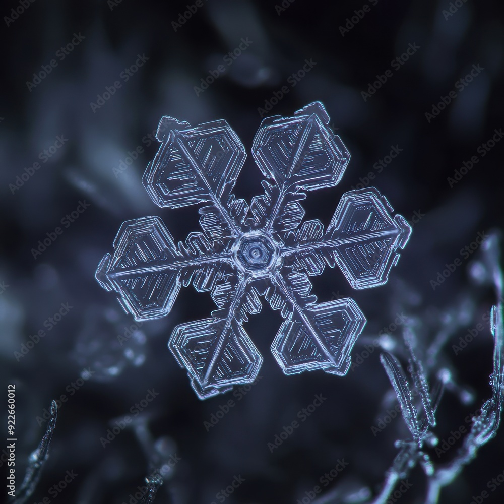 Poster close-up macro photography of a single perfect snowflake with a black background.