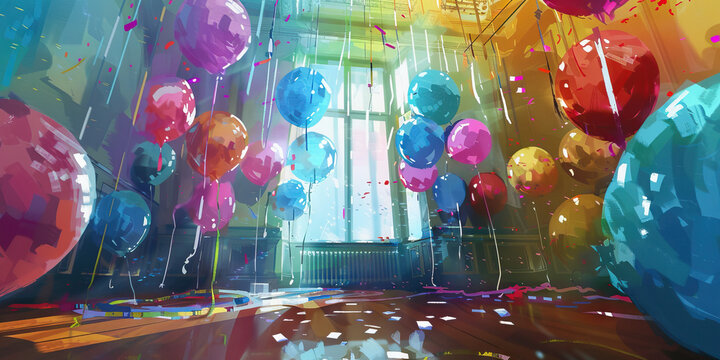 A room filled with party streamers and colorful balloons.