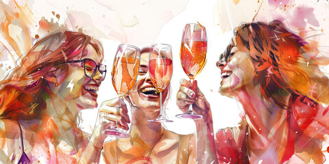 Friends toasting with sparkling wine and laughing. Watercolor illustration.