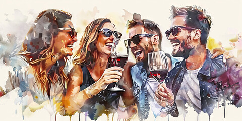 Friends toasting with sparkling wine and laughing. Watercolor illustration.