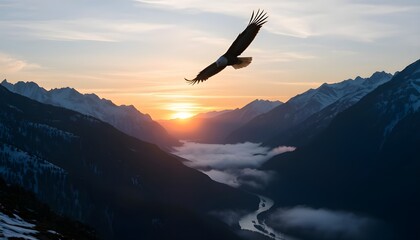 Fototapeta premium A majestic eagle soaring above a mountain range at dawn, with the sun rising behind snow-capped peaks and a misty valley below, where a river winds through the landscape.