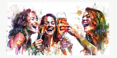 Fototapeta premium Friends toasting with sparkling wine and laughing. Watercolor illustration.