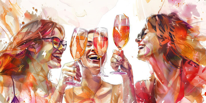 Friends toasting with sparkling wine and laughing. Watercolor illustration.