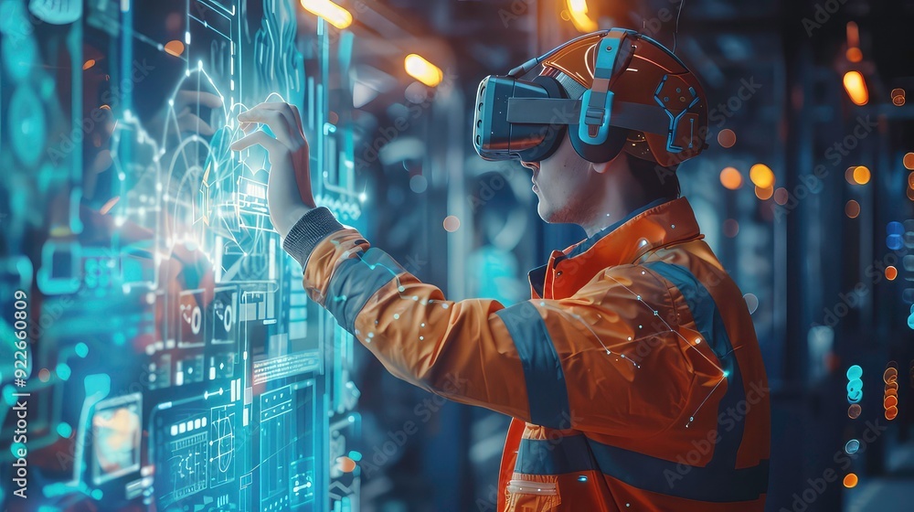 Poster a man in a yellow jacket and vr headset interacts with a holographic screen. the screen displays dat