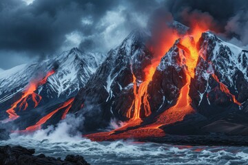 An image of molten lava flowing from a volcano, its fiery glow and unstoppable force symbolizing the raw power and creative energy of Earth's geological processe