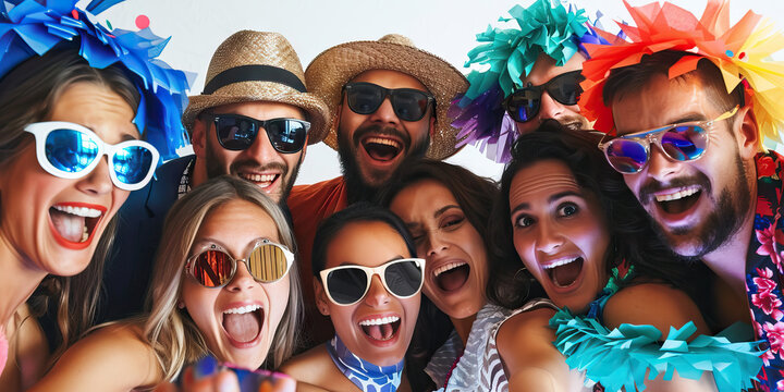 A group of people wearing stylish party attire, posing for a photo booth picture.