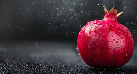 Fresh Pomegranate With Raindrops On Dark Surface