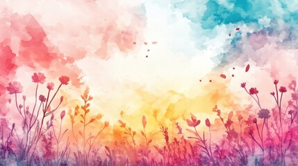 Fototapeta premium Colorful abstract watercolor of wildflowers silhouetted against a vibrant sky.