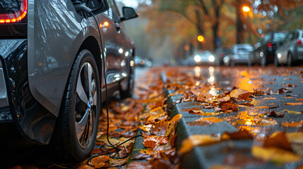 a car parked on a street with fallen leaves