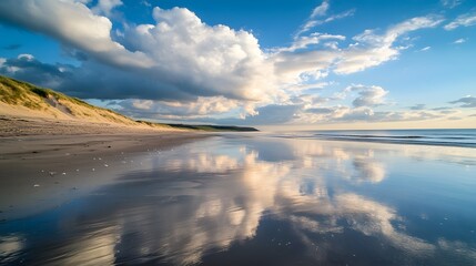 Obraz premium Beautiful beach sunset with a blue sky and ocean wave