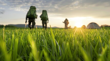 A group of people are setting up tents in a grassy field