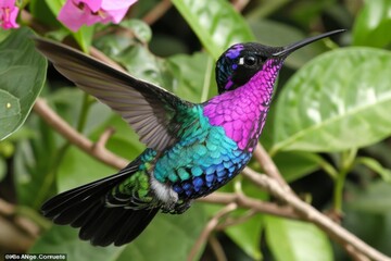 Fototapeta premium An image capturing a hummingbird hovering near a flower, its rapid wing movements and iridescent colors representing its vibrant and high-energy natur