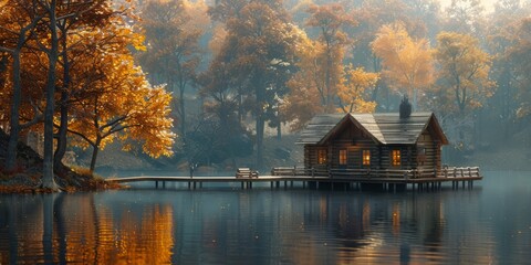 Fototapeta premium Rustic cabin by the lake for National Lakeside Retreat Day, November 11th, tranquil escape, autumn scenery, cozy ambiance