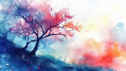 A vivid watercolor painting depicting a tranquil landscape with vibrant trees and a colorful sky.