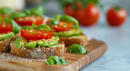 Fresh Avocado Toast Topped With Sliced Tomatoes and Basil in a Bright Kitchen Setting