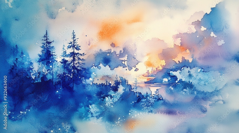 Sticker a beautiful watercolor of a misty forest at twilight with vibrant hues of blue and orange.