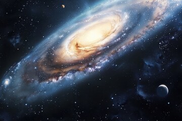 Obraz premium Glowing spiral galaxy with stars and moons in the vastness of space