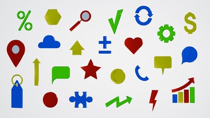 Set of plastic icons with arrows, pointers, price tags and diagrams. Planning and visualisation of sale, trade, statistics. Cartoon isolated 3d icons