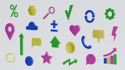 Set of multicoloured plastic icons with arrows, pointers, price tags and diagrams. Planning and visualisation of sales, trade, statistics. Cartoon isolated 3d icons
