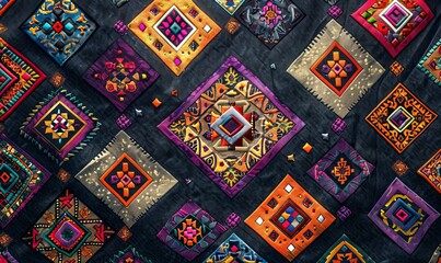 Seamless geometric pattern on fabric, rich textures and bold colors