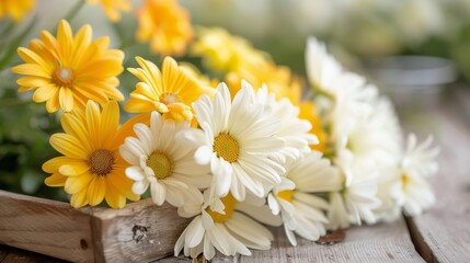 Obraz premium Colorful Daisies in a Wooden Tray Near Soft Natural Light