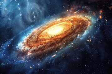 Spectacular view of a spiral galaxy with glowing center and vibrant blue and orange hues.