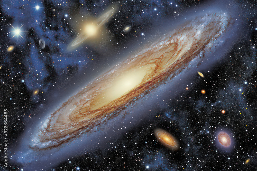 Wall mural an image showcasing a galaxy surrounded by cosmic phenomena like supernovae and gamma-ray bursts, sy