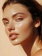 A woman with a tan and freckles poses confidently, showcasing her radiant skin. Generative AI
