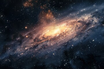 Glowing spiral galaxy with bright center and dark dust lanes in deep space.